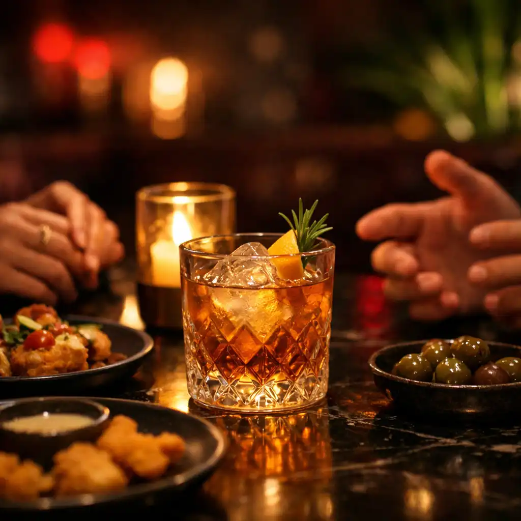 Craft cocktail a malé večerní talíře na intimním stole v lounge světle
