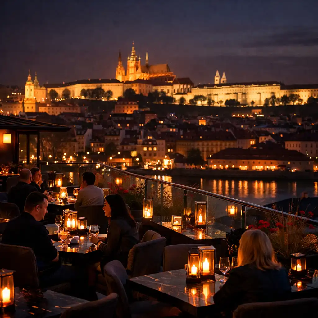 Večerní sezení na rooftop terase s elegantními stoly a teplými lampami