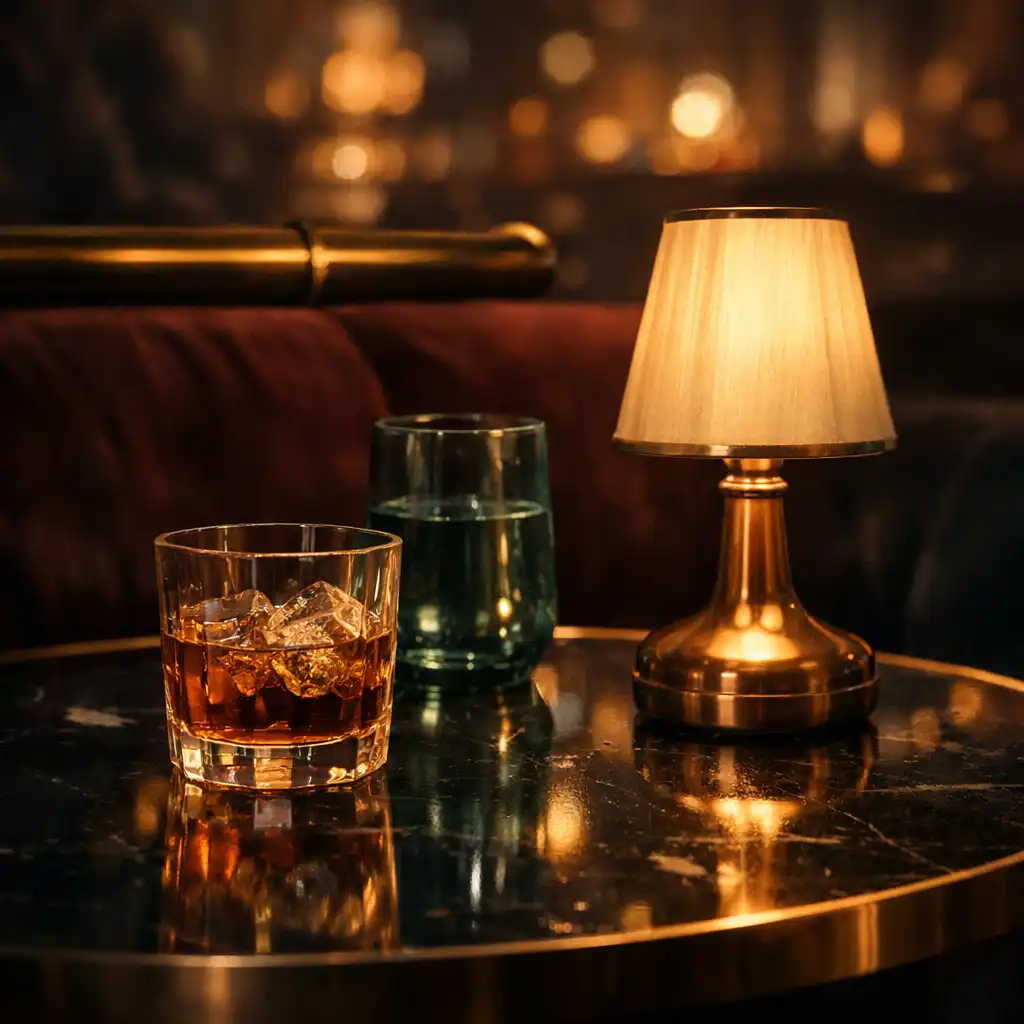 Detail lounge stolu se sklenicí a teplou stolní lampou