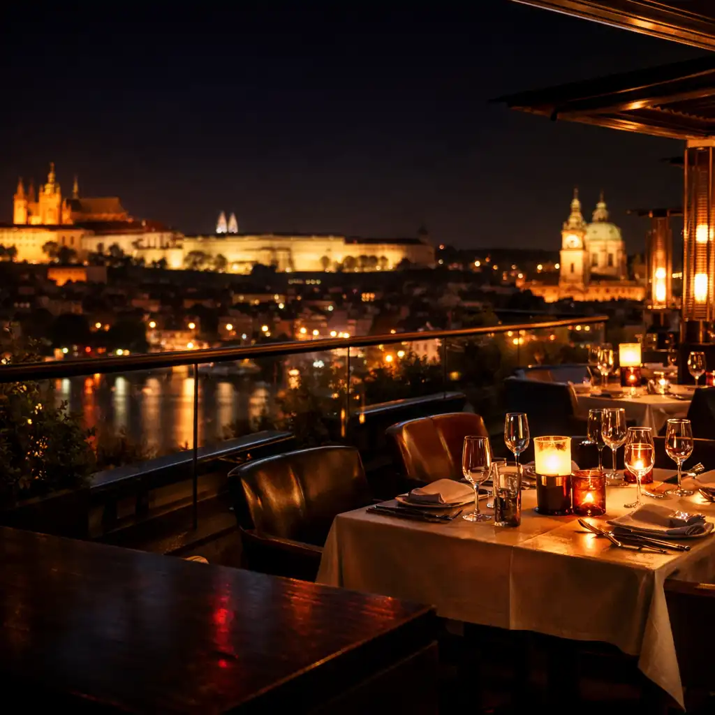Noční rooftop terasa Vecerniterasa s teplým osvětlením a pražskými světly v dálce