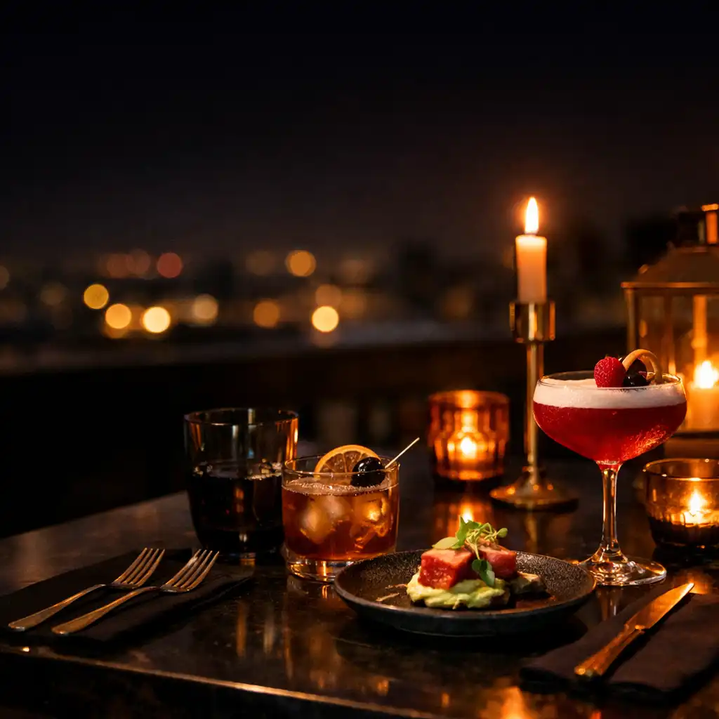 Elegantně prostřený večerní stůl s koktejly na rooftop terase