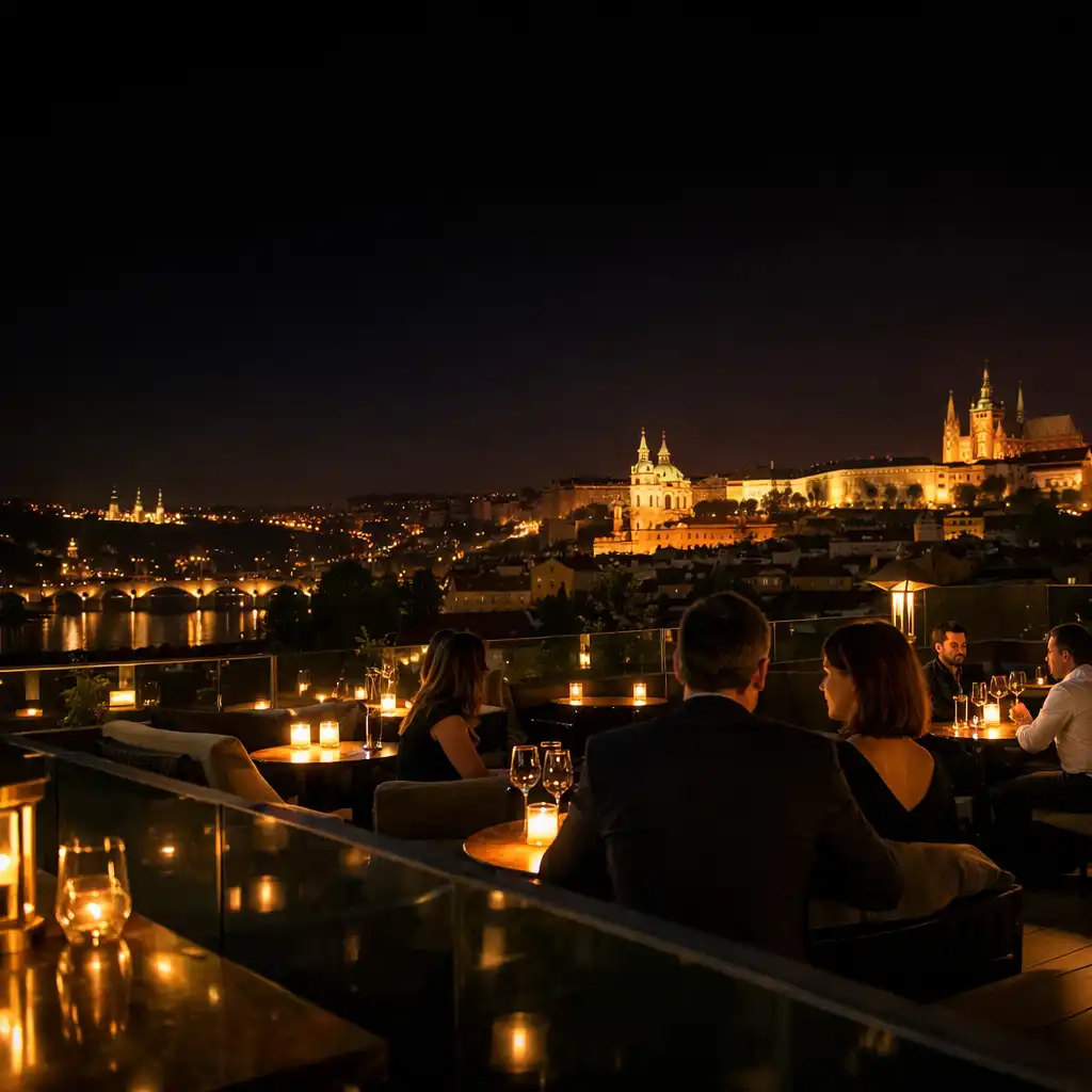 Noční pohled přes stolování na rooftop terase Vecerniterasa k pražským světlům
