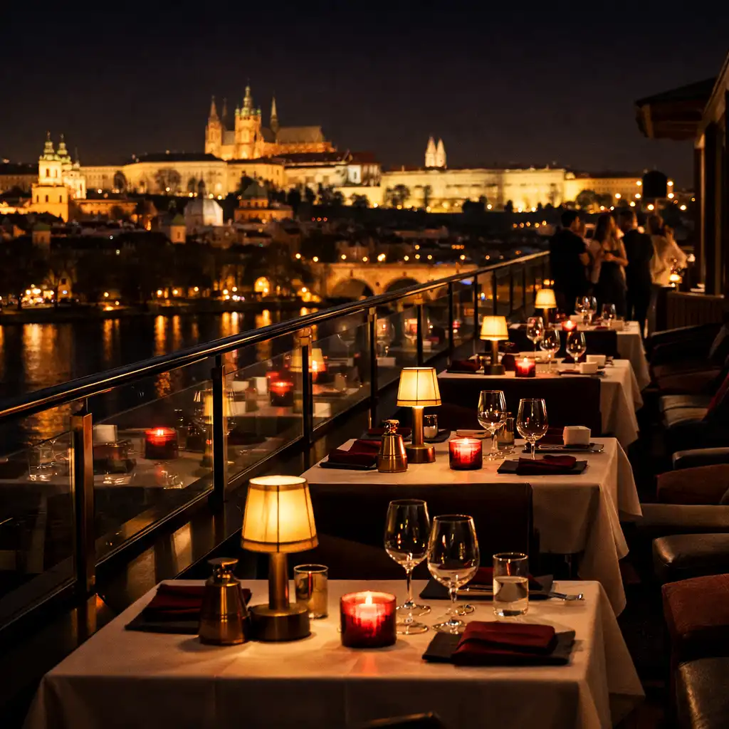 Večerní rooftop terasa se stolováním a pražským horizontem