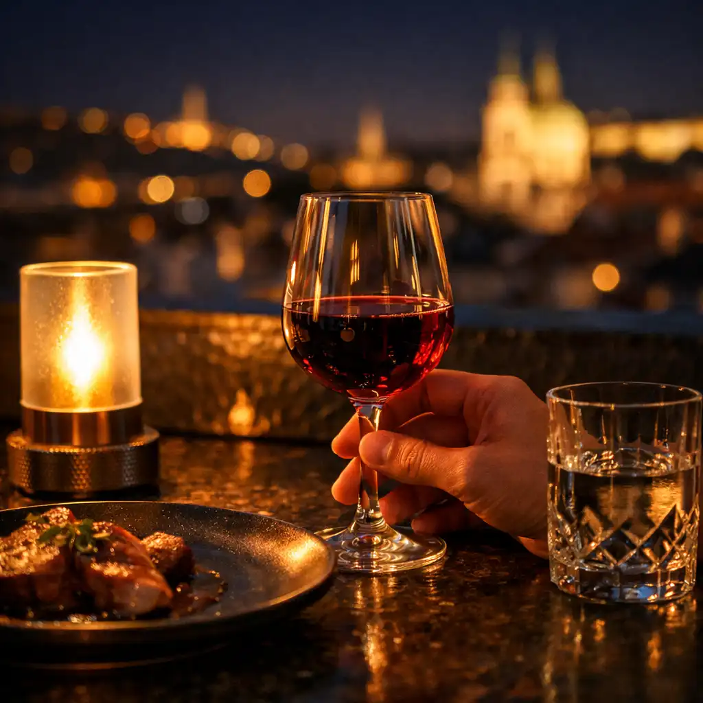 Detail sklenice a večerního stolování na rooftop terase
